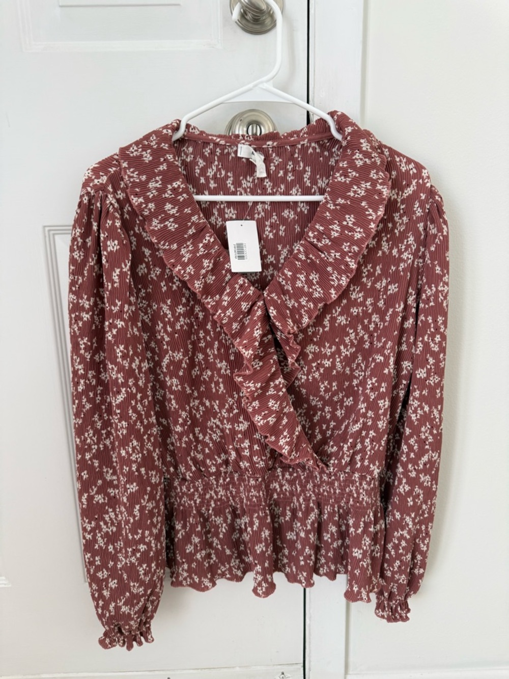 Dusty Rose Floral Ruffle V-Neck Peplum Blouse